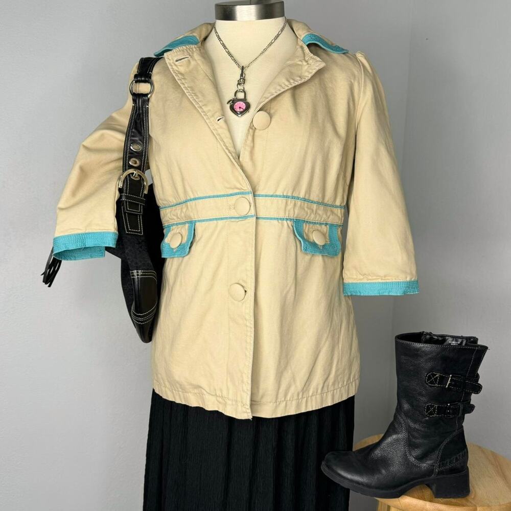 00s Twee Coquette Preppy Jacket Tan Blue Trim 3/4 Sleeves Size Large